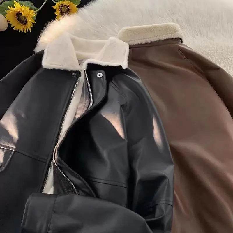 Thick Faux Lamb Pu Leather Jacket Women Y2K Streetwear Loose Lapel Motorcycle Coats Bf American Retro Warm Bomber Outwear New - Mulambo store
