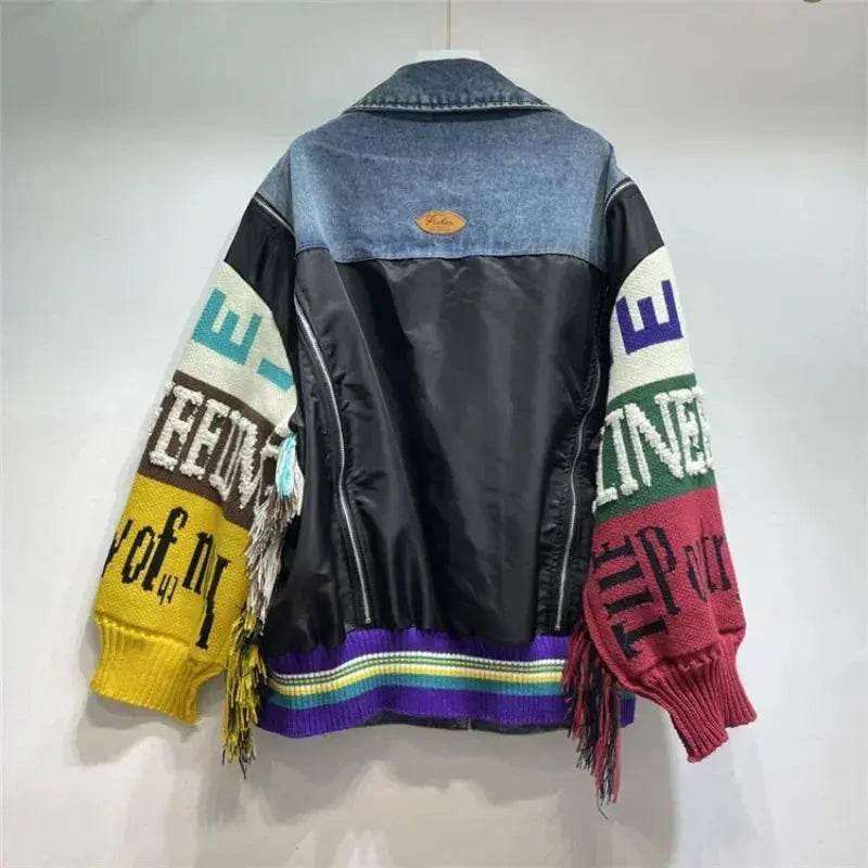 Women Letters Badges Embroidery Denim Coat Knit Spliced Sleeve Sweater Tassels Jeans Jacket Streetwear Cardigan Tops Chaquetas - Mulambo store