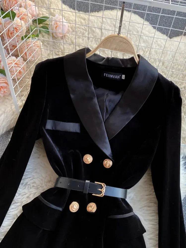 Blazer Coat Women Velvet Suit Jacket Winter Double Breasted Long Sleeve Ladies Black Blazer Belt Women Slim Suit Blazer Outwear - Mulambo store