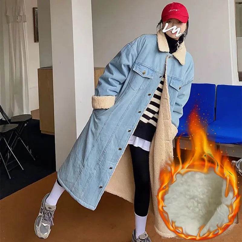 Lambwool Lined Denim Long Jackets Coats Tops Winter Warm Loose Casaco Vintage Casual Fashion Chaquetas Korea Women Cowboy Vestes - Mulambo store