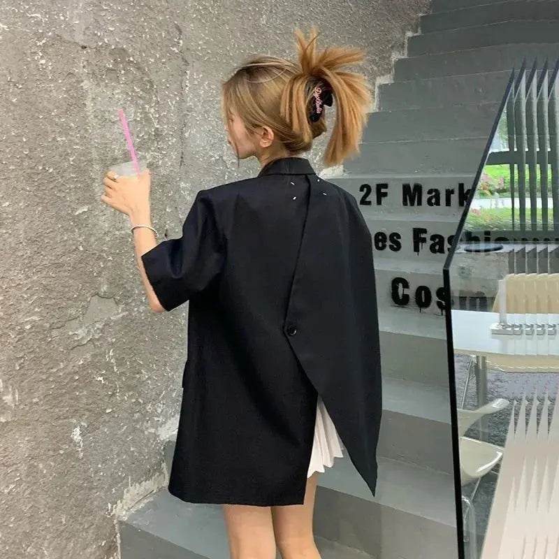 Summer Women Back Split Hem Black Blazers Notched Collar Short Sleeve Single-breasted Female Suit Jacket Casual Chaqueta Mujer - Mulambo store