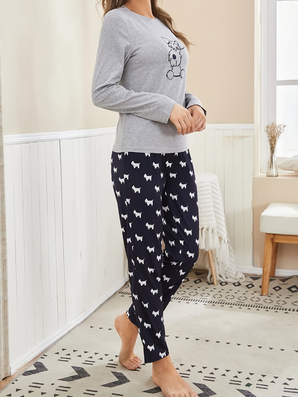 Long Sleeve Cartoon Dog Print Pajama Set, Women's Crew Neck Top & Elastic Waistband Pants Sleepwear & Loungewear Mulambo store