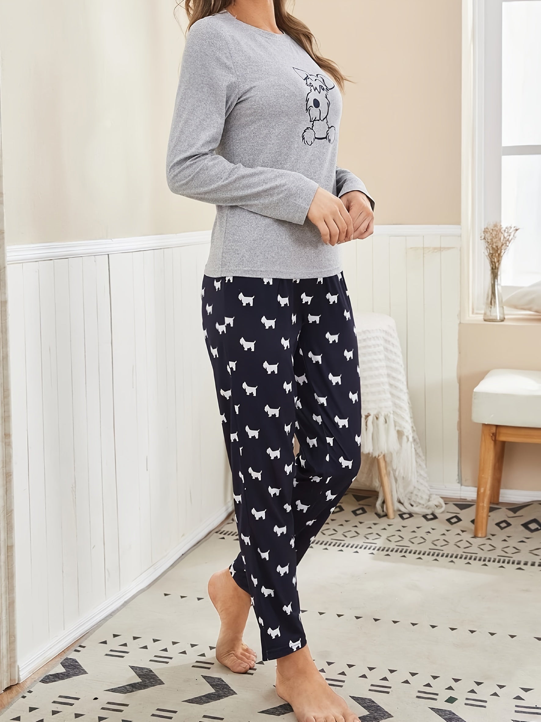 Long Sleeve Cartoon Dog Print Pajama Set, Women's Crew Neck Top & Elastic Waistband Pants Sleepwear & Loungewear Mulambo store