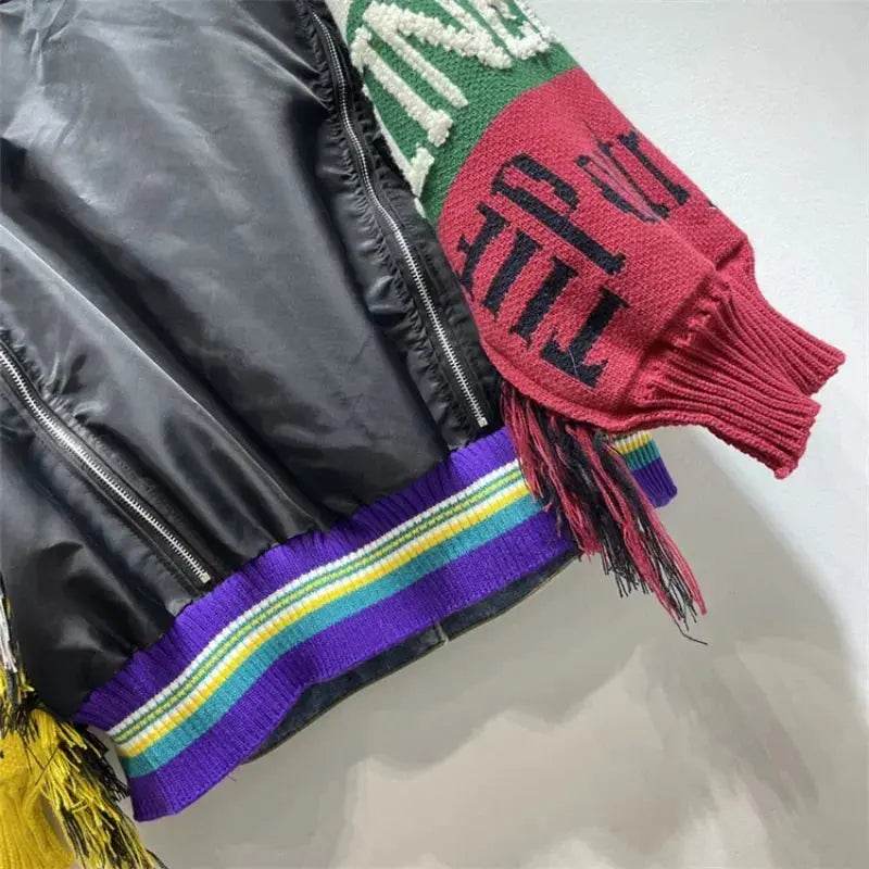 Women Letters Badges Embroidery Denim Coat Knit Spliced Sleeve Sweater Tassels Jeans Jacket Streetwear Cardigan Tops Chaquetas - Mulambo store