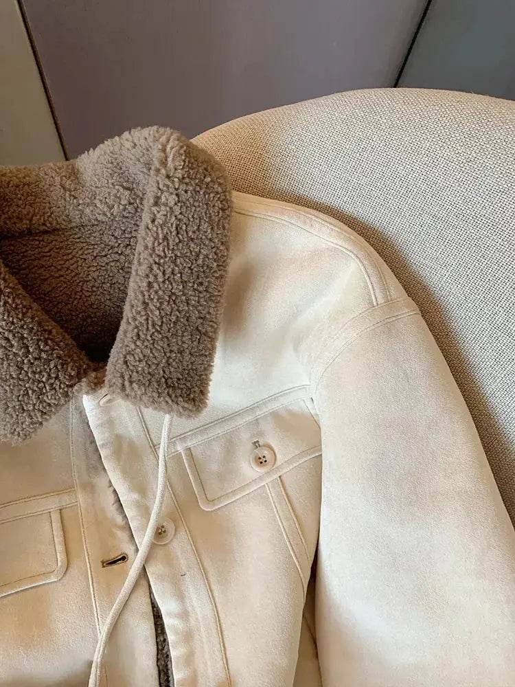 Suede Velvet Lamb Jacket Women Autumn Winter Thick Warm Turndown Collar Coat Y2K Loose Streetwear All Match Long Sleeve Outwear - Mulambo store