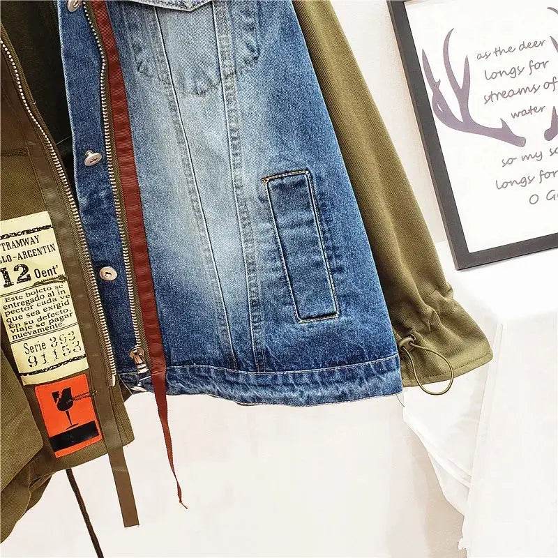 Color Contrast Patchwork Denim Jacket Coat Women Autumn Fashion Loose Letter Print Outerwear Chaquetas Mujer Jeans Jacket Female - Mulambo store