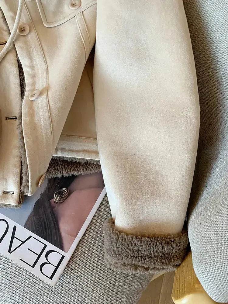 Suede Velvet Lamb Jacket Women Autumn Winter Thick Warm Turndown Collar Coat Y2K Loose Streetwear All Match Long Sleeve Outwear - Mulambo store