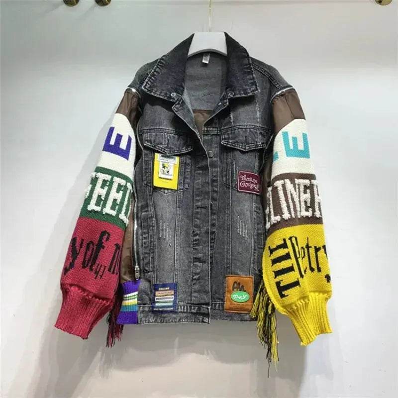 Women Letters Badges Embroidery Denim Coat Knit Spliced Sleeve Sweater Tassels Jeans Jacket Streetwear Cardigan Tops Chaquetas - Mulambo store