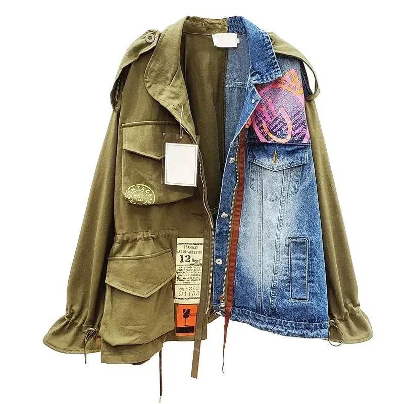 Color Contrast Patchwork Denim Jacket Coat Women Autumn Fashion Loose Letter Print Outerwear Chaquetas Mujer Jeans Jacket Female - Mulambo store