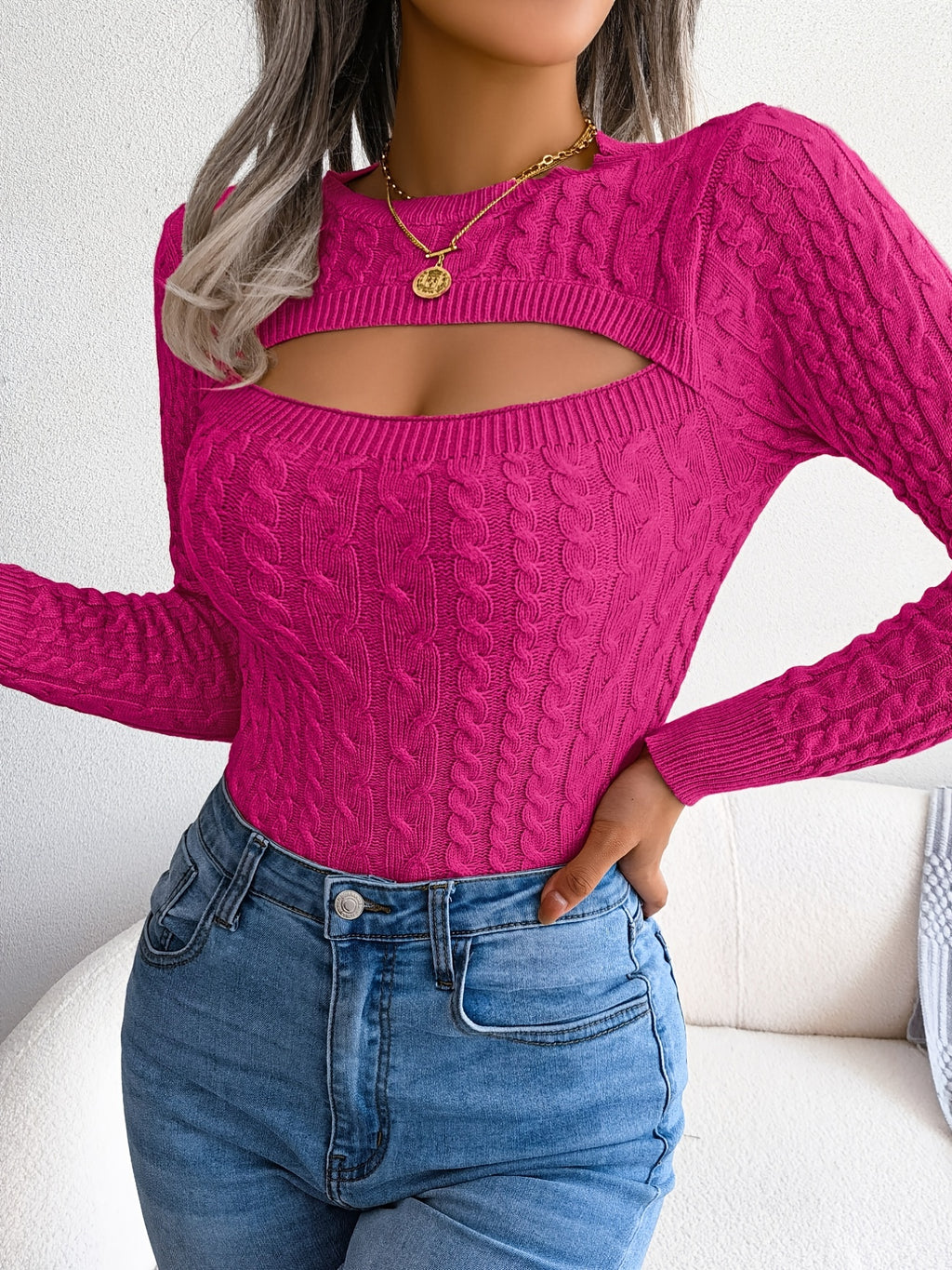 Women'S Sexy Hollow-Out Knit Pullover Sweater, Long Sleeve Crew Neck, Skinny Fit, Acrylic Blend (Polyester 28%, Polyamide 22%, Viscose 28%), High Stretch Fabric, Solid Color, Spring/Fall Fashion Top Mulambo store