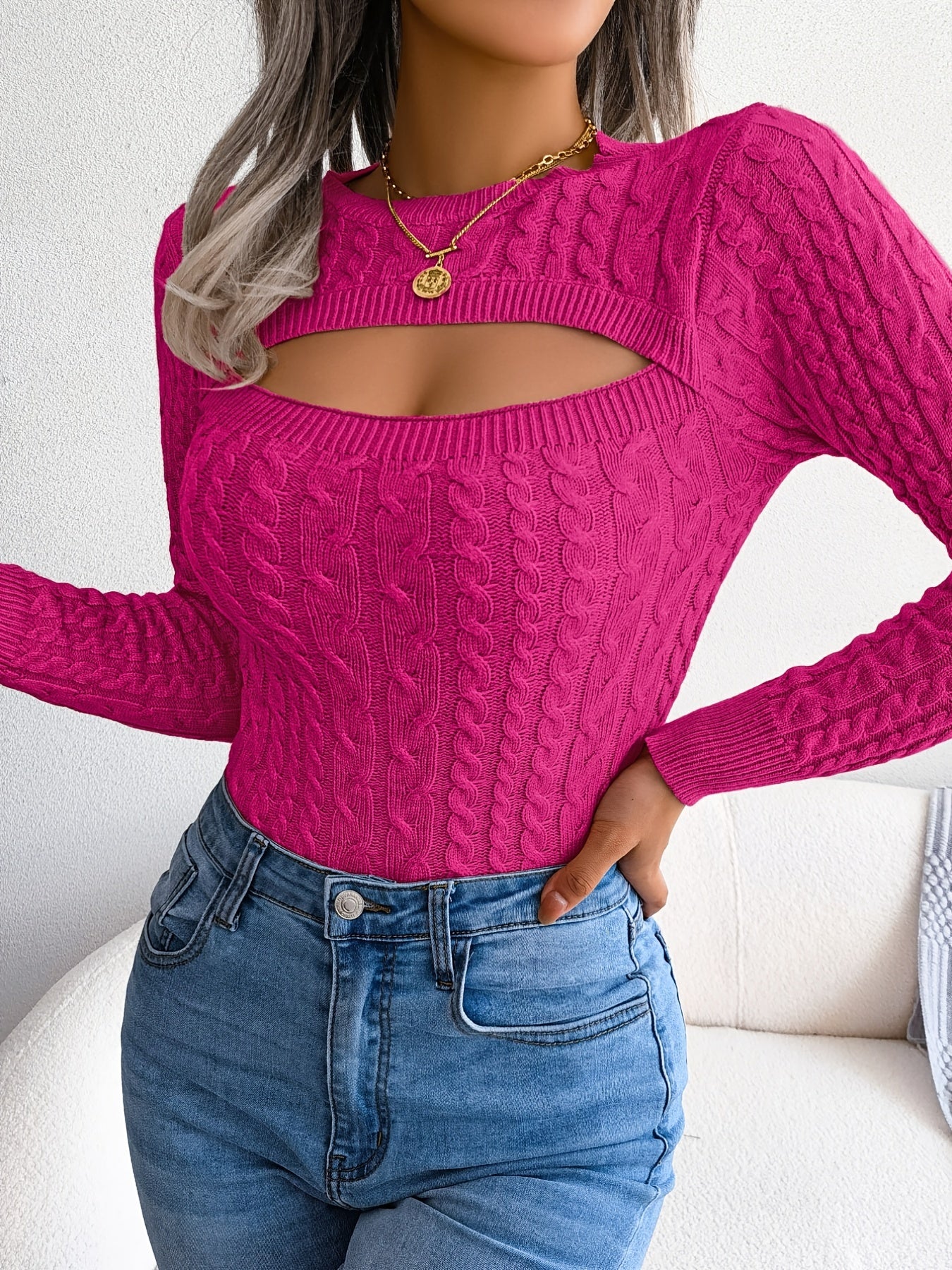 Women'S Sexy Hollow-Out Knit Pullover Sweater, Long Sleeve Crew Neck, Skinny Fit, Acrylic Blend (Polyester 28%, Polyamide 22%, Viscose 28%), High Stretch Fabric, Solid Color, Spring/Fall Fashion Top Mulambo store