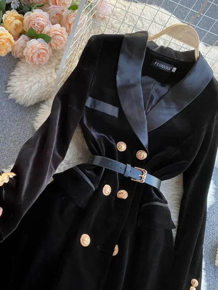 Blazer Coat Women Velvet Suit Jacket Winter Double Breasted Long Sleeve Ladies Black Blazer Belt Women Slim Suit Blazer Outwear - Mulambo store