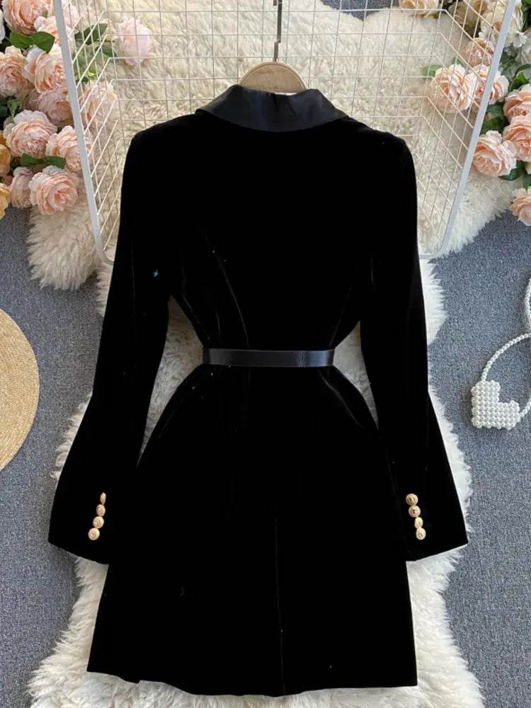 Blazer Coat Women Velvet Suit Jacket Winter Double Breasted Long Sleeve Ladies Black Blazer Belt Women Slim Suit Blazer Outwear - Mulambo store