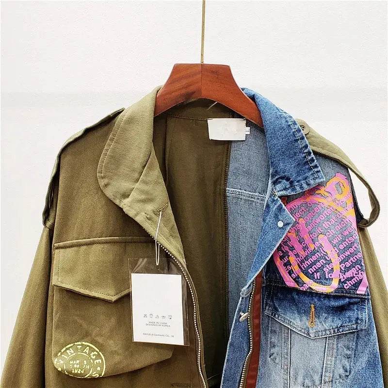 Color Contrast Patchwork Denim Jacket Coat Women Autumn Fashion Loose Letter Print Outerwear Chaquetas Mujer Jeans Jacket Female - Mulambo store