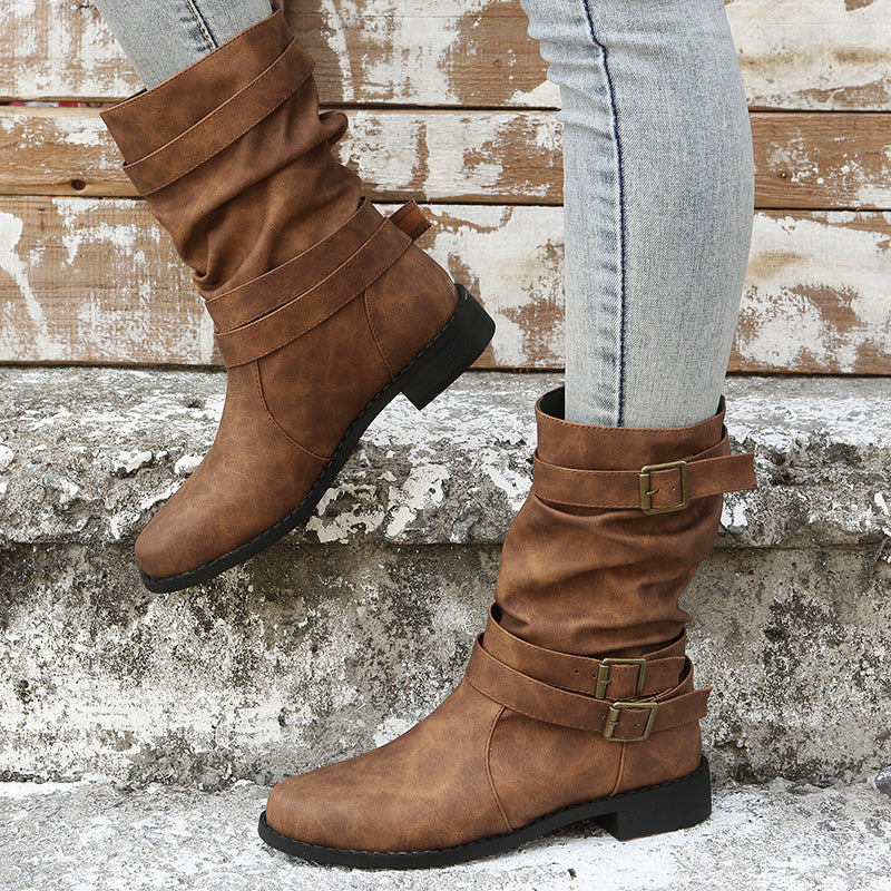 Ruched Buckle Decor Mid Calf Boots For Women, Solid Color Retro Women's Cowboy Boots, Western Short Boots Mulambo store
