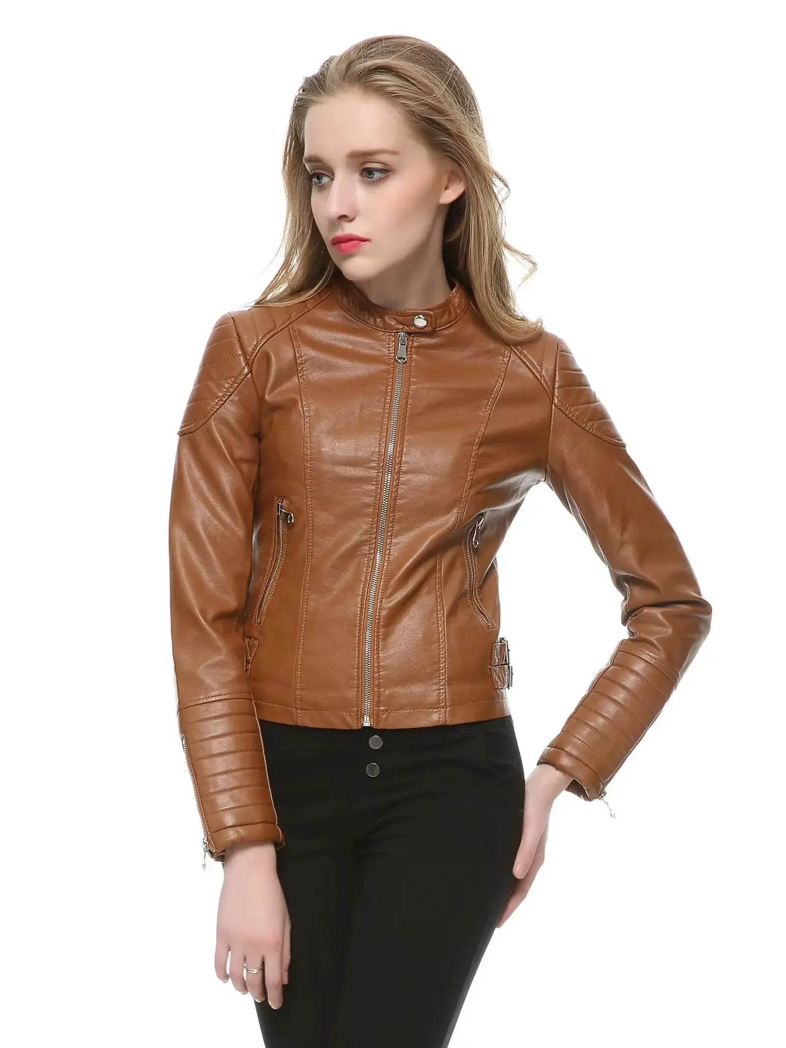 2025 Brown Black Faux Leather Jacket Women Short Slim brand Motorcycle Biker Jacket White Leather Coat Chaquetas Mujer 5 Colors - Mulambo store