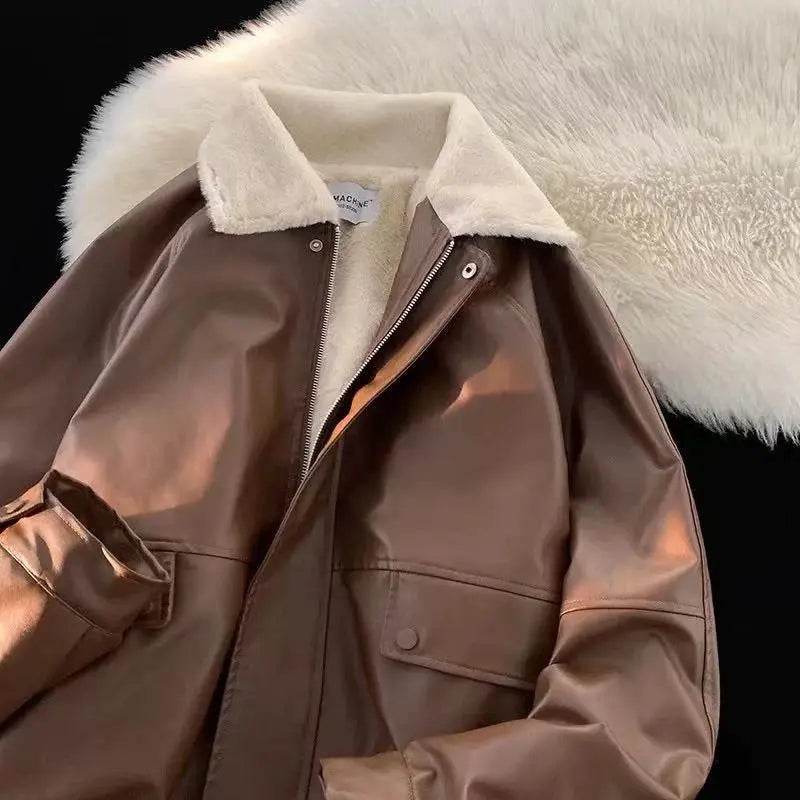 Thick Faux Lamb Pu Leather Jacket Women Y2K Streetwear Loose Lapel Motorcycle Coats Bf American Retro Warm Bomber Outwear New - Mulambo store