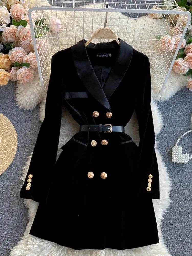 Blazer Coat Women Velvet Suit Jacket Winter Double Breasted Long Sleeve Ladies Black Blazer Belt Women Slim Suit Blazer Outwear - Mulambo store