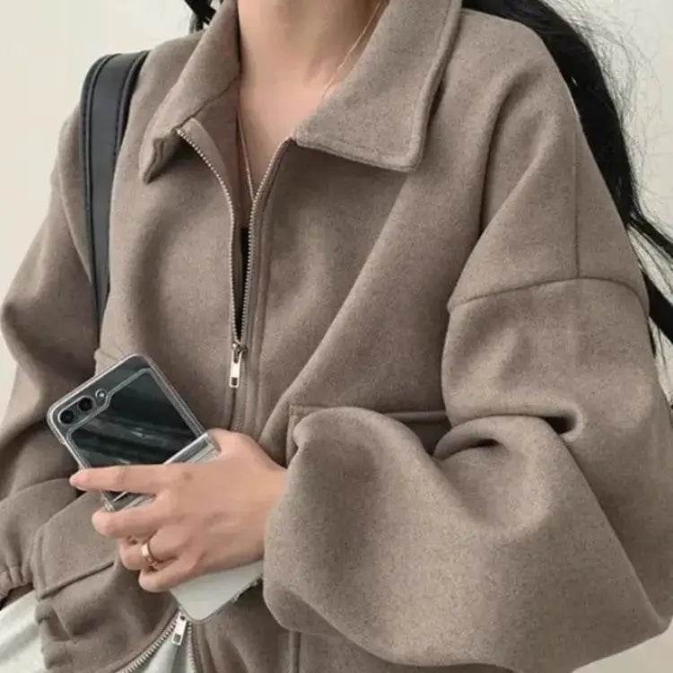Green Suede Zipper Lapel Short Bomber Jacket Spring Fashion High Street Full Sleeve Casual Outerwear 2025 Loose Fit Cropped Coat - Mulambo store