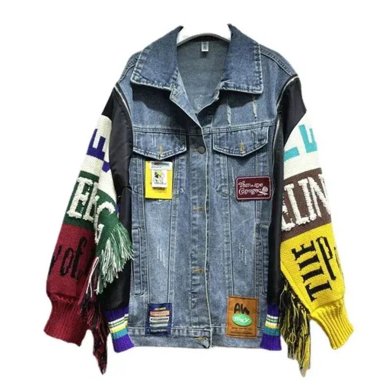 Women Letters Badges Embroidery Denim Coat Knit Spliced Sleeve Sweater Tassels Jeans Jacket Streetwear Cardigan Tops Chaquetas - Mulambo store