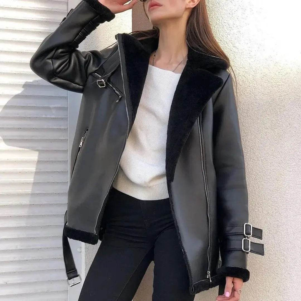 Autumn And Winter New Suede Lapel Zipper Cardigan Fashion Women's Long Sleeve Solid Color Coat Women - Mulambo store