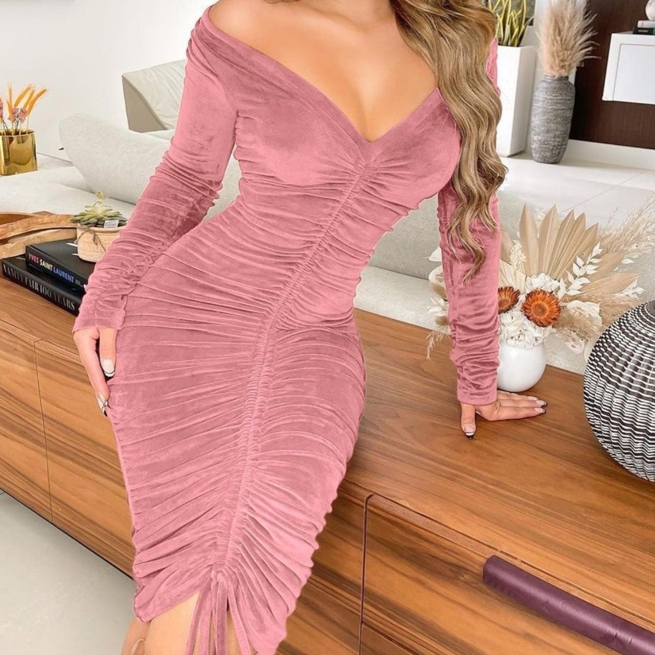 Women's Dresses V Neck Off The Shoulder Velvet Ruched Mid-length Dresses Mulambo store