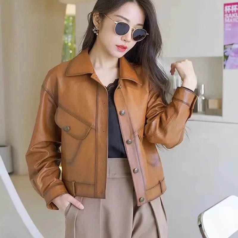 Khaki Genuine Leather Jacket Winter Coat Women Sheepskin Short Casual All-match Show Thin Locomotive Small Chaqueta Jassen Dames - Mulambo store