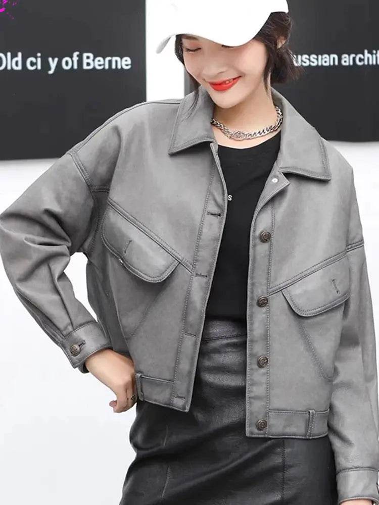 Khaki Genuine Leather Jacket Winter Coat Women Sheepskin Short Casual All-match Show Thin Locomotive Small Chaqueta Jassen Dames - Mulambo store