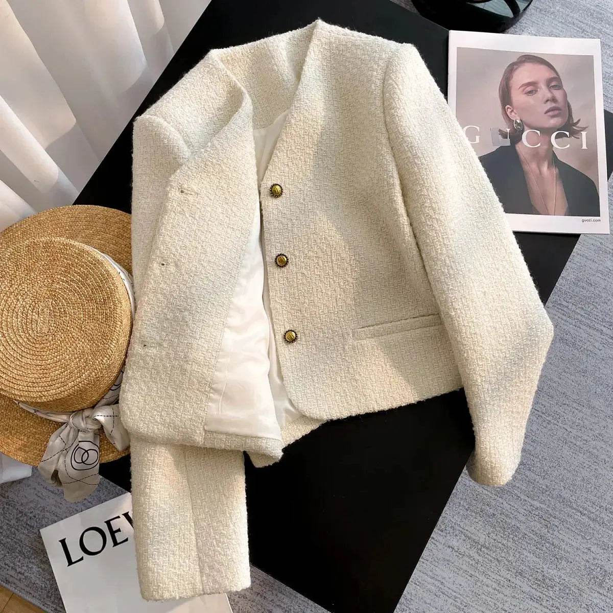 Korean Fashion Elegant Cropped Jackets Women Casual V-neck Single Breasted Outerwears Spring Fall Long Sleeve Chaquetas Blusas - Mulambo store