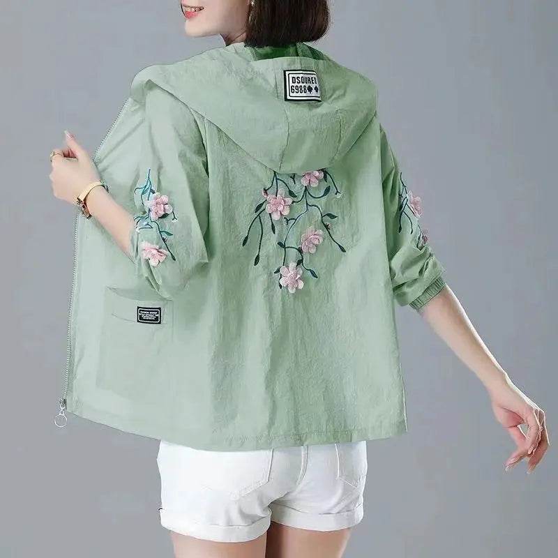 Embroidery Print Hooded Thin Coat Spring Summer Oversize 5xl Loose Jackets Women Casual Sun Protection Outwear Elegant Chaquetas - Mulambo store
