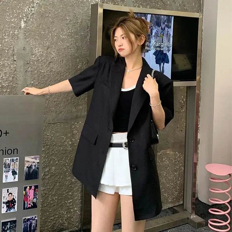 Summer Women Back Split Hem Black Blazers Notched Collar Short Sleeve Single-breasted Female Suit Jacket Casual Chaqueta Mujer - Mulambo store