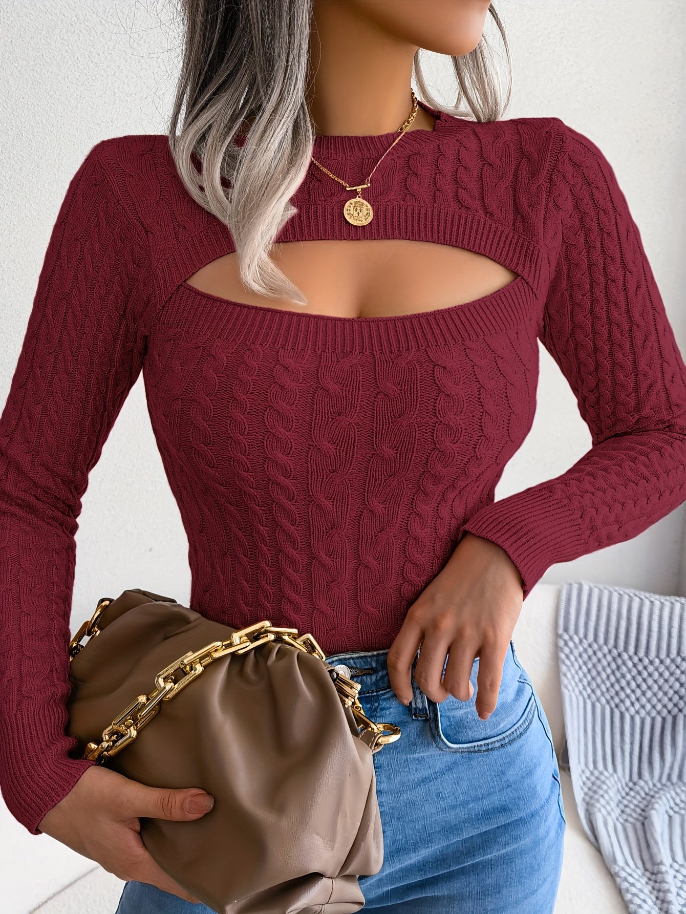 Women'S Sexy Hollow-Out Knit Pullover Sweater, Long Sleeve Crew Neck, Skinny Fit, Acrylic Blend (Polyester 28%, Polyamide 22%, Viscose 28%), High Stretch Fabric, Solid Color, Spring/Fall Fashion Top Mulambo store