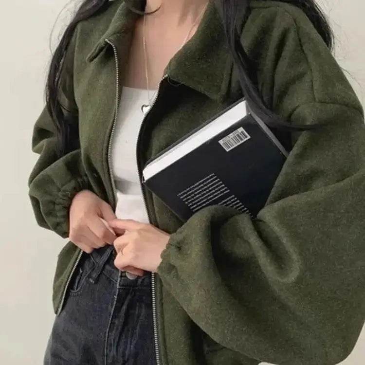 Green Suede Zipper Lapel Short Bomber Jacket Spring Fashion High Street Full Sleeve Casual Outerwear 2025 Loose Fit Cropped Coat - Mulambo store