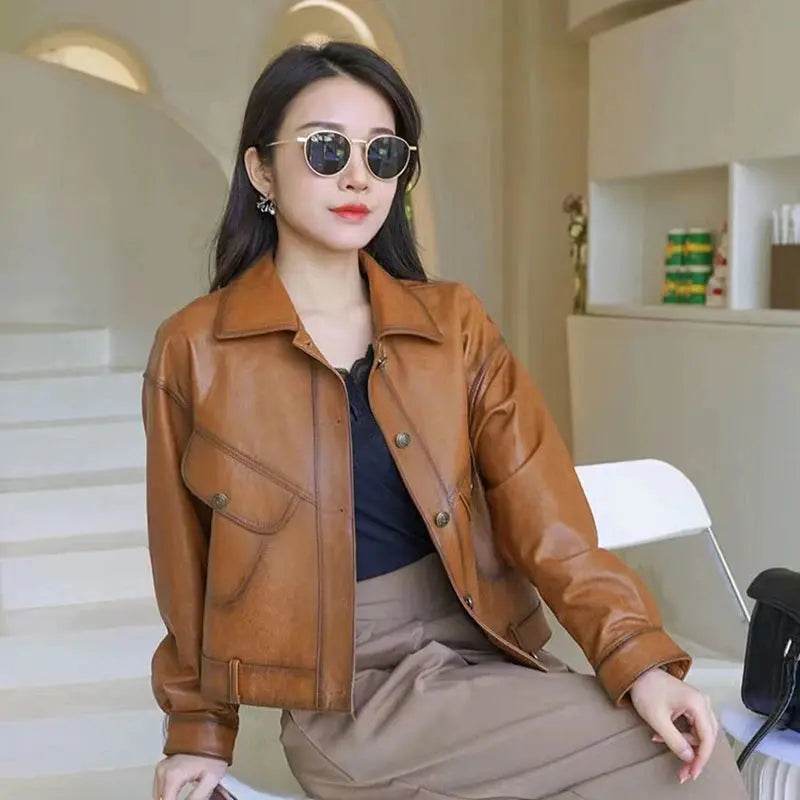 Khaki Genuine Leather Jacket Winter Coat Women Sheepskin Short Casual All-match Show Thin Locomotive Small Chaqueta Jassen Dames - Mulambo store