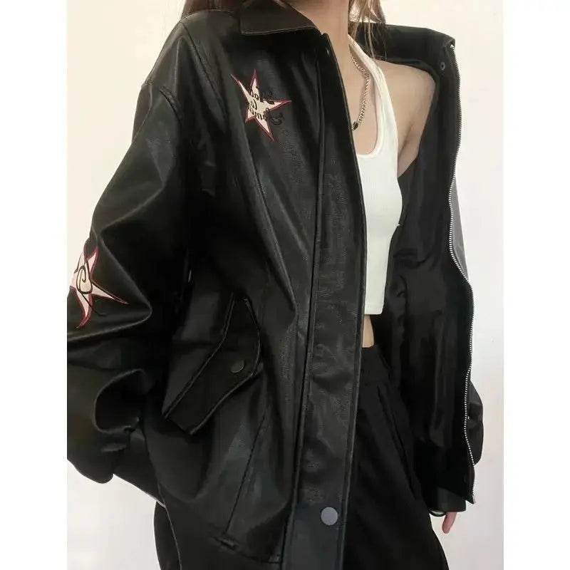 Autumn American Vintage Embroidered Leather Jacket Women Black PU Faux Fur Coat Letter Jaqueta Chaquetas Mujer - Mulambo store