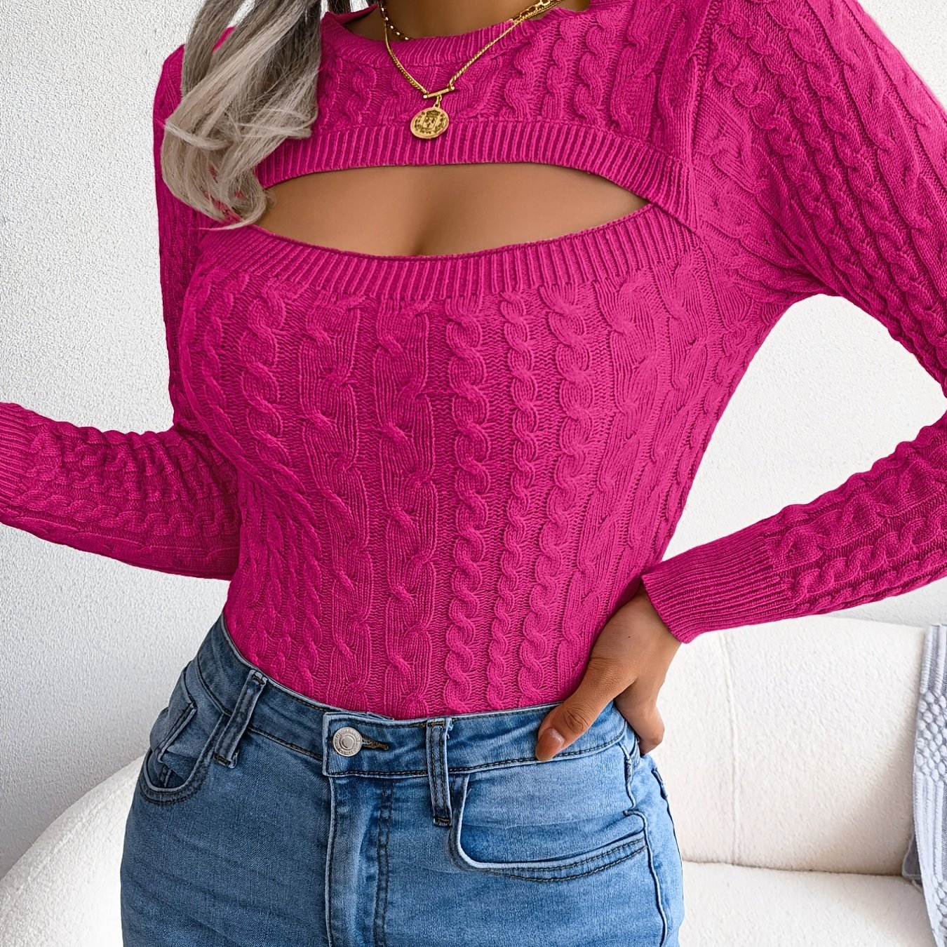 Women'S Sexy Hollow-Out Knit Pullover Sweater, Long Sleeve Crew Neck, Skinny Fit, Acrylic Blend (Polyester 28%, Polyamide 22%, Viscose 28%), High Stretch Fabric, Solid Color, Spring/Fall Fashion Top Mulambo store