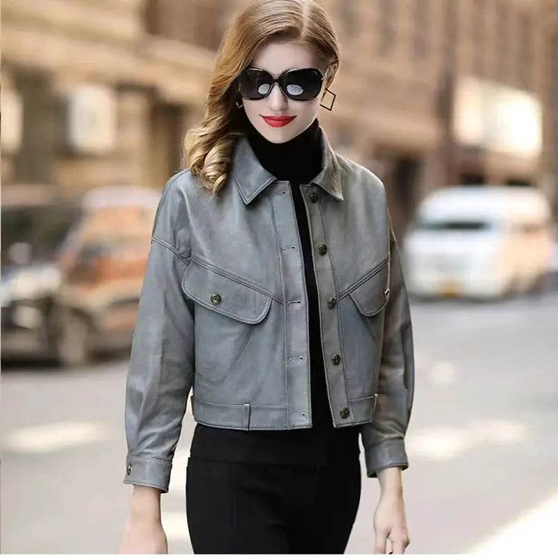 Khaki Genuine Leather Jacket Winter Coat Women Sheepskin Short Casual All-match Show Thin Locomotive Small Chaqueta Jassen Dames - Mulambo store