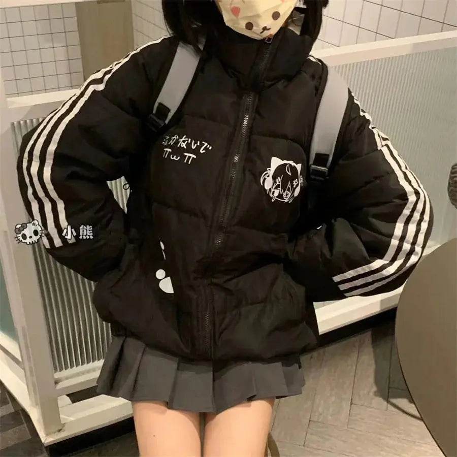 Korea Print Design Warm Cooton Coats Tops Winter New Fashion Loose Chaqueta Side Sriped Parkas Snow Wear Casual Women Casaco - Mulambo store