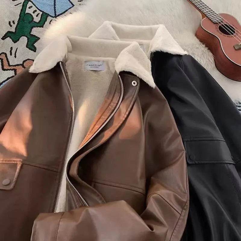 Thick Faux Lamb Pu Leather Jacket Women Y2K Streetwear Loose Lapel Motorcycle Coats Bf American Retro Warm Bomber Outwear New - Mulambo store