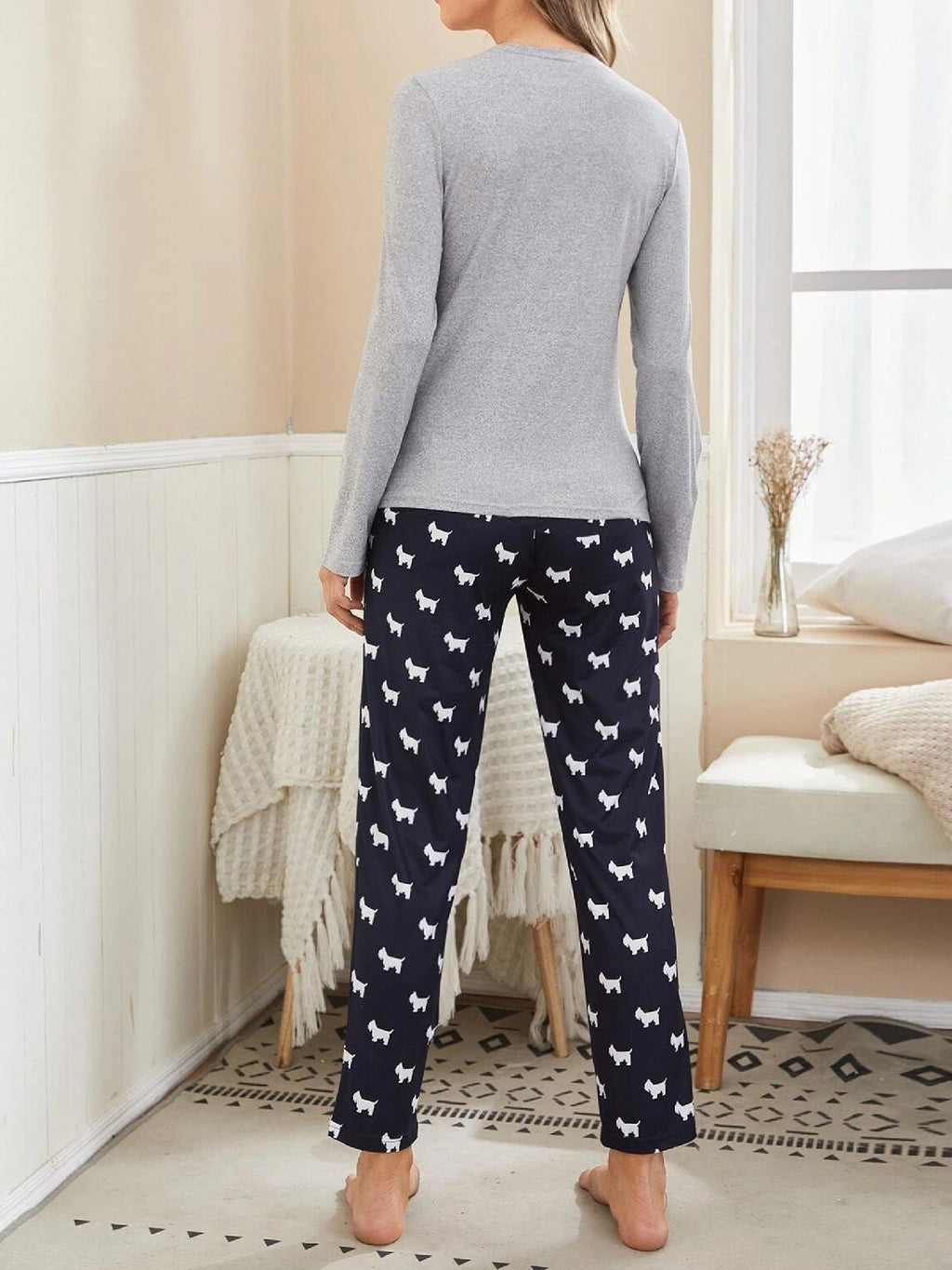 Long Sleeve Cartoon Dog Print Pajama Set, Women's Crew Neck Top & Elastic Waistband Pants Sleepwear & Loungewear Mulambo store