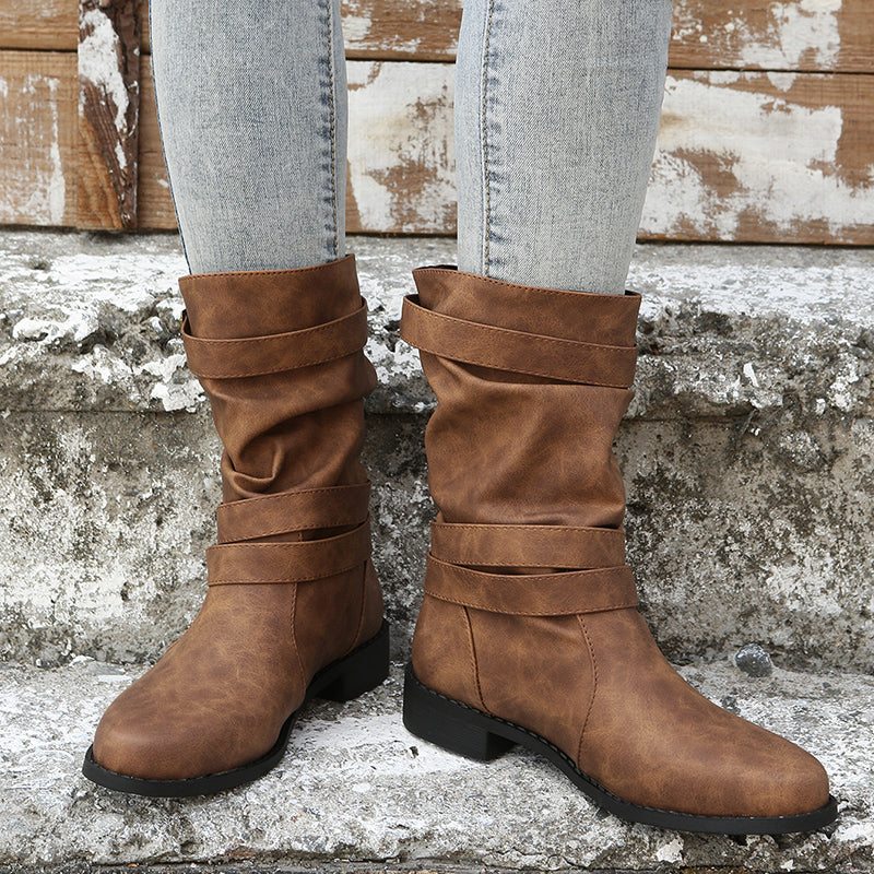 Ruched Buckle Decor Mid Calf Boots For Women, Solid Color Retro Women's Cowboy Boots, Western Short Boots Mulambo store