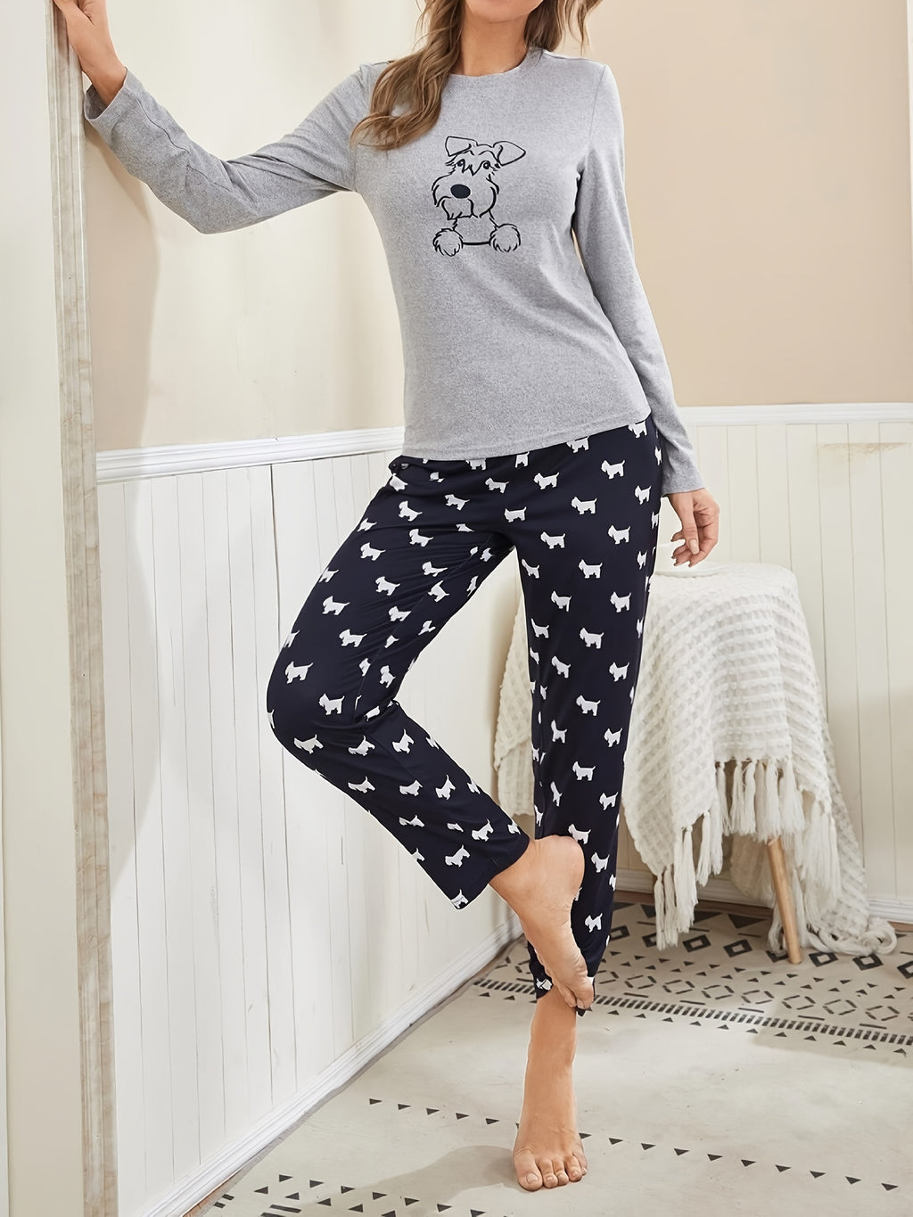 Long Sleeve Cartoon Dog Print Pajama Set, Women's Crew Neck Top & Elastic Waistband Pants Sleepwear & Loungewear Mulambo store