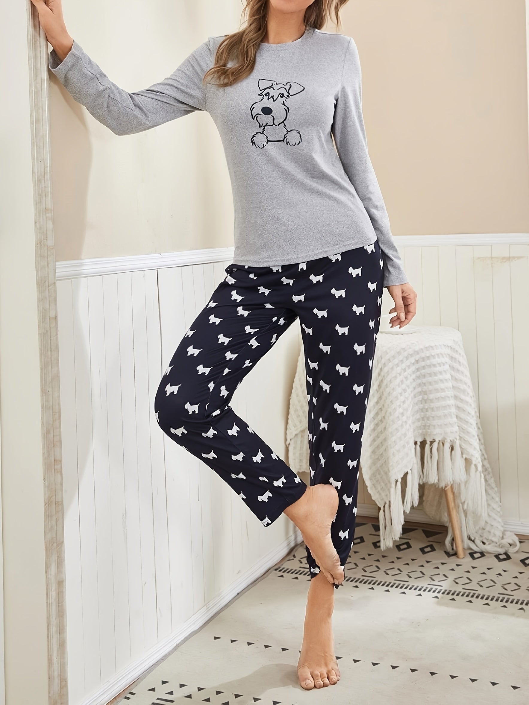 Long Sleeve Cartoon Dog Print Pajama Set, Women's Crew Neck Top & Elastic Waistband Pants Sleepwear & Loungewear Mulambo store