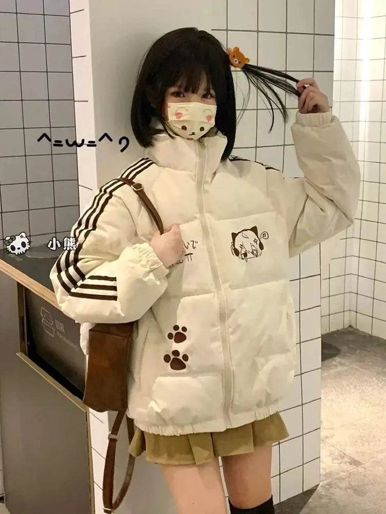 Korea Print Design Warm Cooton Coats Tops Winter New Fashion Loose Chaqueta Side Sriped Parkas Snow Wear Casual Women Casaco - Mulambo store