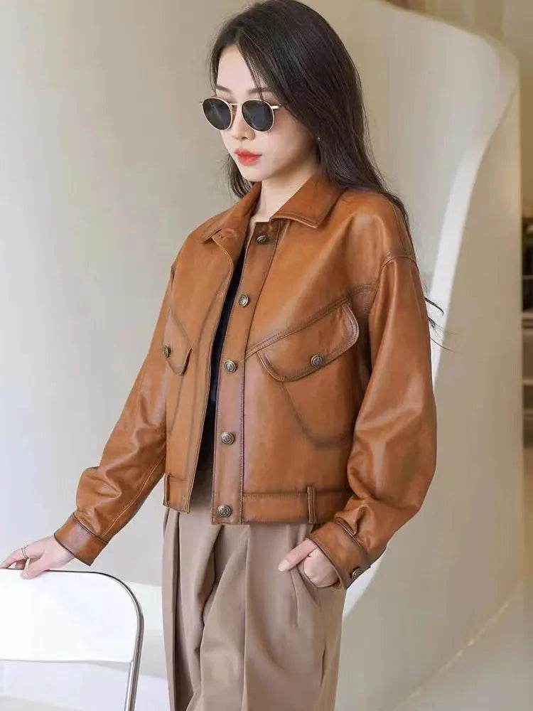 Khaki Genuine Leather Jacket Winter Coat Women Sheepskin Short Casual All-match Show Thin Locomotive Small Chaqueta Jassen Dames - Mulambo store