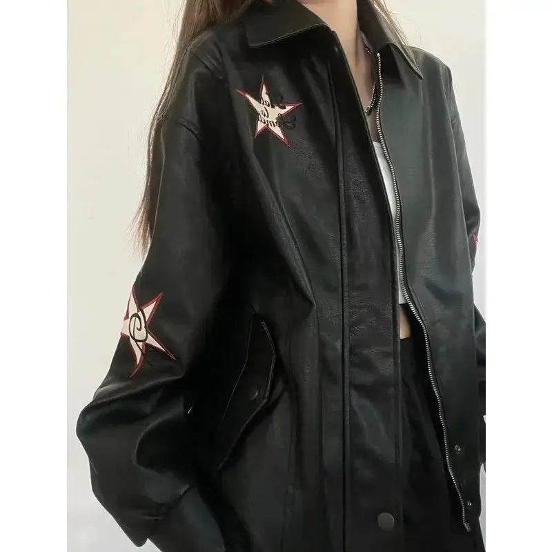 Autumn American Vintage Embroidered Leather Jacket Women Black PU Faux Fur Coat Letter Jaqueta Chaquetas Mujer - Mulambo store