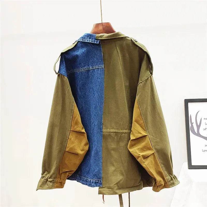 Color Contrast Patchwork Denim Jacket Coat Women Autumn Fashion Loose Letter Print Outerwear Chaquetas Mujer Jeans Jacket Female - Mulambo store