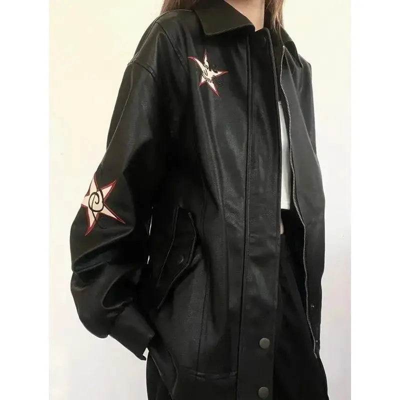 Autumn American Vintage Embroidered Leather Jacket Women Black PU Faux Fur Coat Letter Jaqueta Chaquetas Mujer - Mulambo store