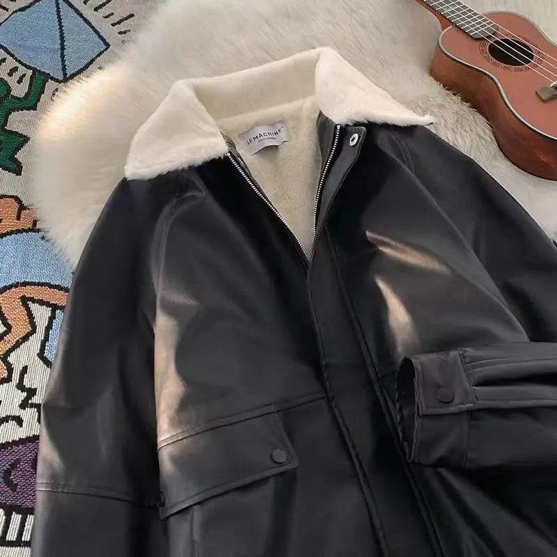 Thick Faux Lamb Pu Leather Jacket Women Y2K Streetwear Loose Lapel Motorcycle Coats Bf American Retro Warm Bomber Outwear New - Mulambo store