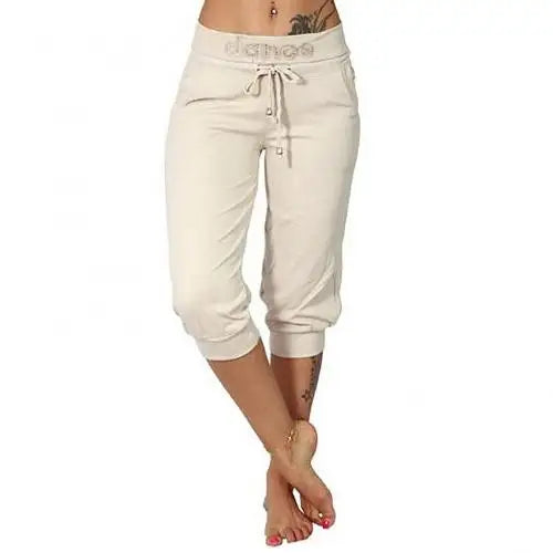 Women's Capri Sports Pants - Drawstring Pocket Cropped Yoga Trousers